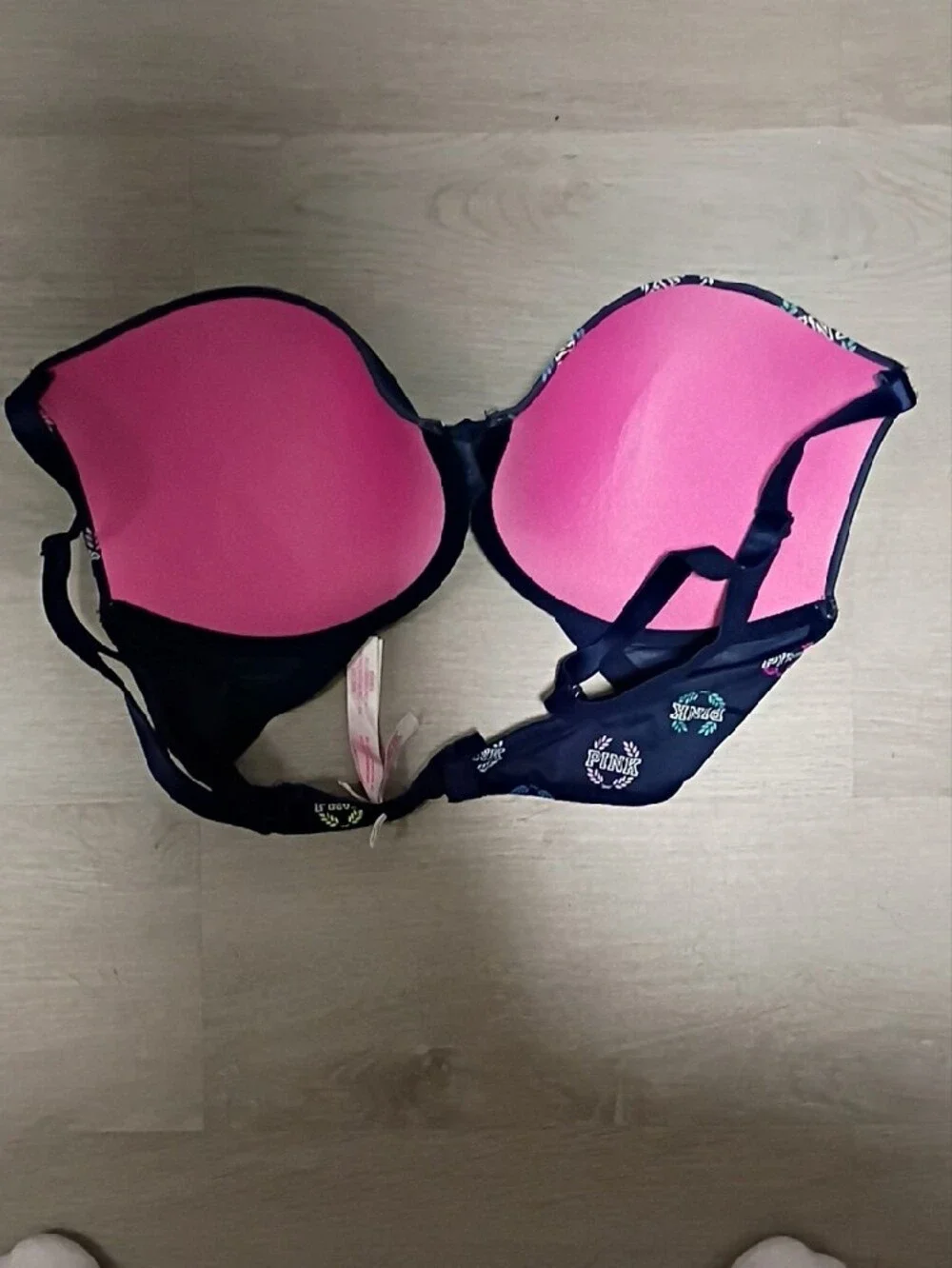 PINK Victoria's Secret Navy Logo Print T-Shirt Bra with Multicolor Accents